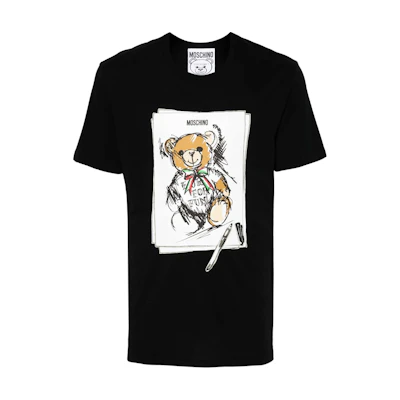 MOSCHINO Black Short Sleeve T-Shirt with Teddy Bear Logo Print Design. V07145241-BLACK