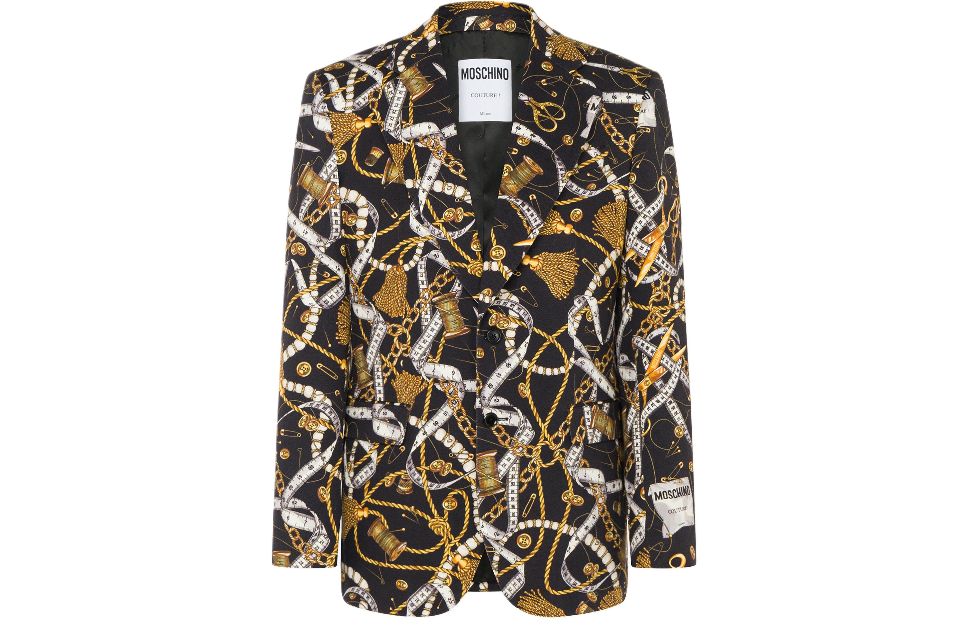 MOSCHINO Allover Sartorial Print Gabardine V-Neck Jacket Multicolor A0515-5254-1555