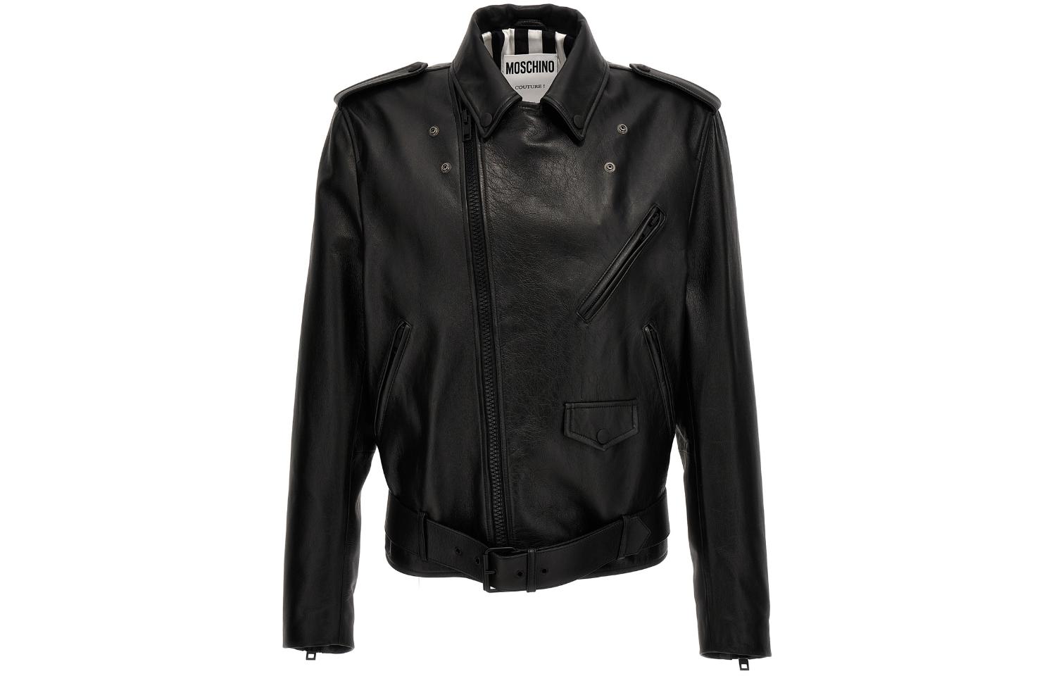 MOSCHINO Black Leather Zip-Up Long Sleeve Jacket J3704-0270-1555