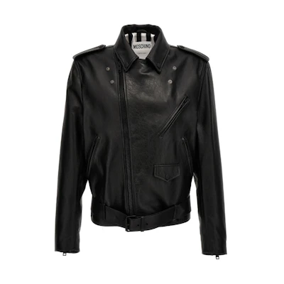 MOSCHINO Black Leather Zip-Up Long Sleeve Jacket J3704-0270-1555