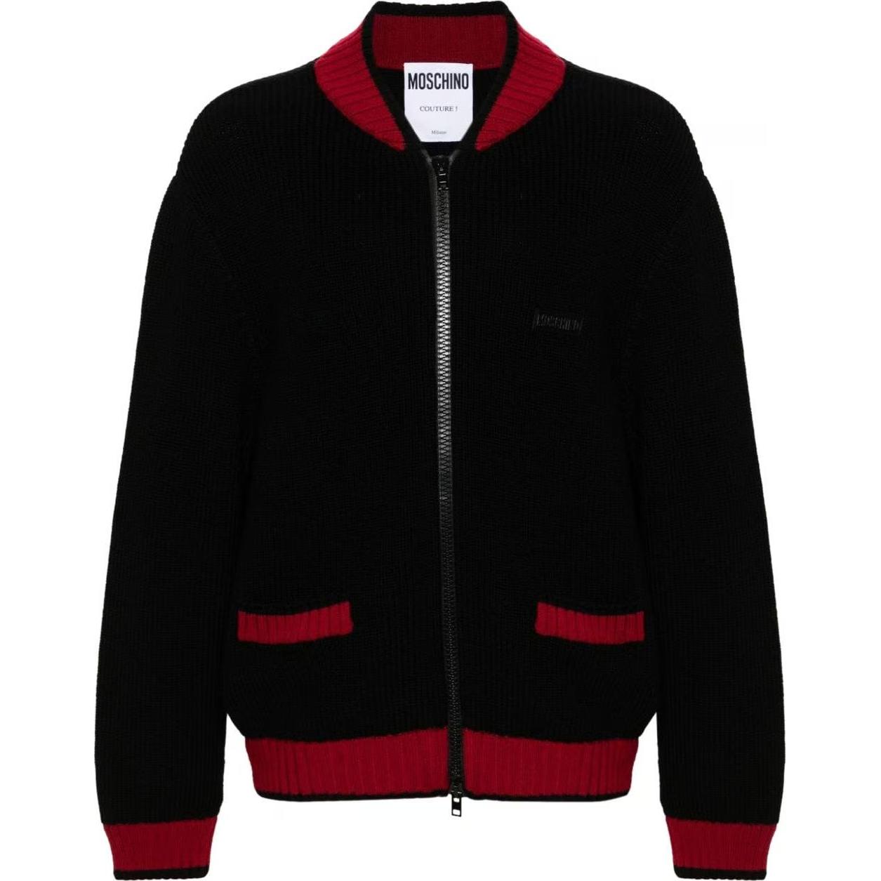 MOSCHINO Black Striped Knit Logo Patch Baseball Collar Jacket A0918-7000-4555