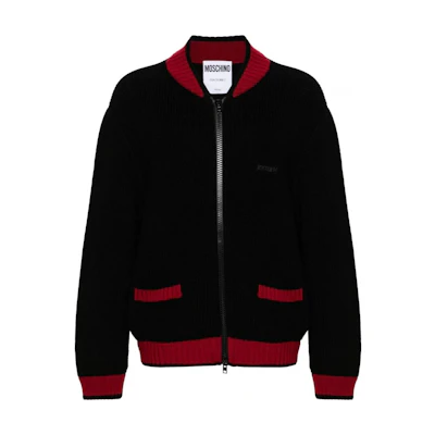 MOSCHINO Black Striped Knit Logo Patch Baseball Collar Jacket A0918-7000-4555