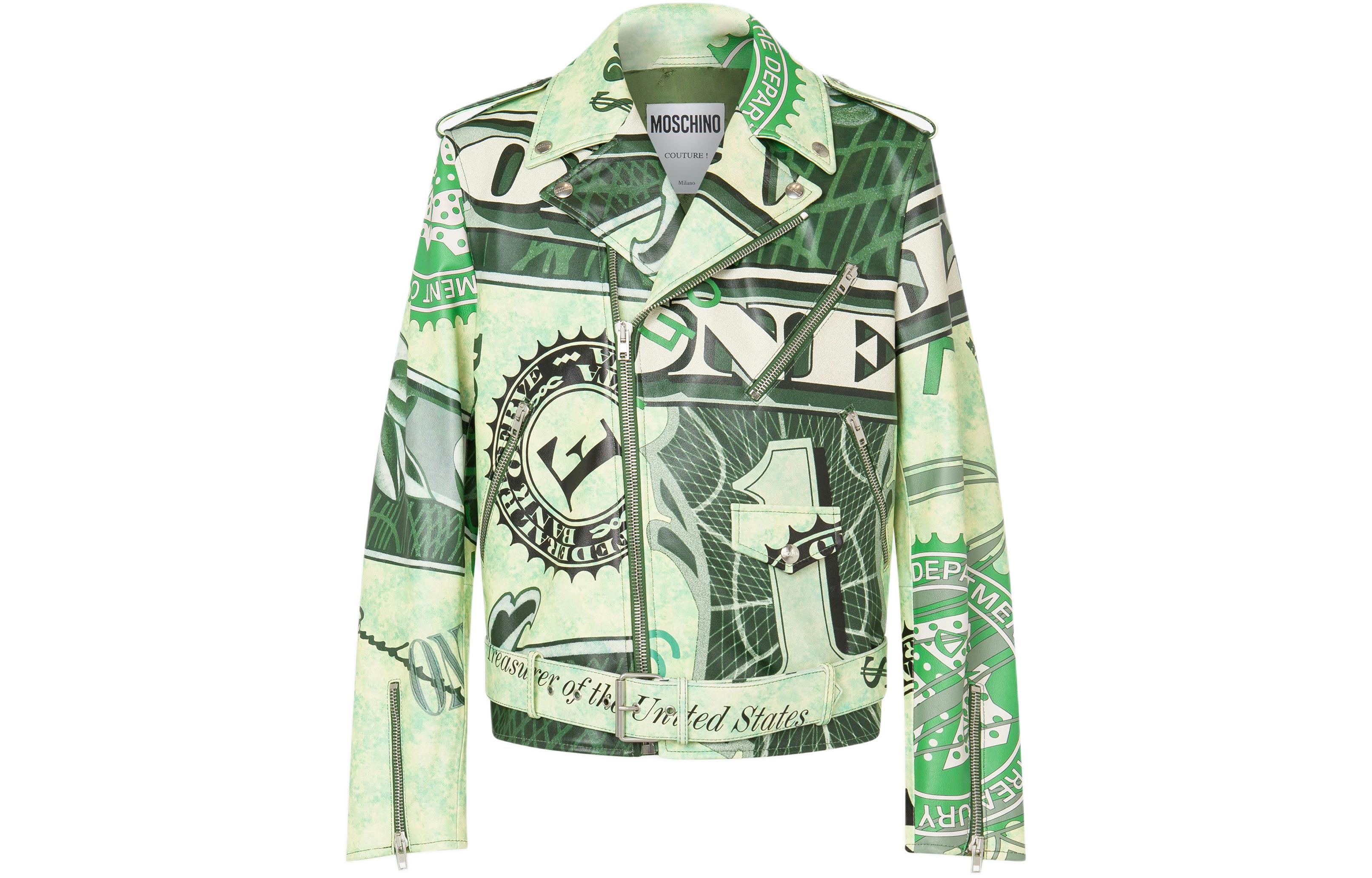 MOSCHINO Dollar Print Nappa Leather Biker Jacket Green Outerwear A3707-7070-1006