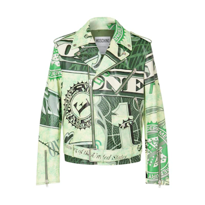 MOSCHINO Dollar Print Nappa Leather Biker Jacket Green Outerwear A3707-7070-1006