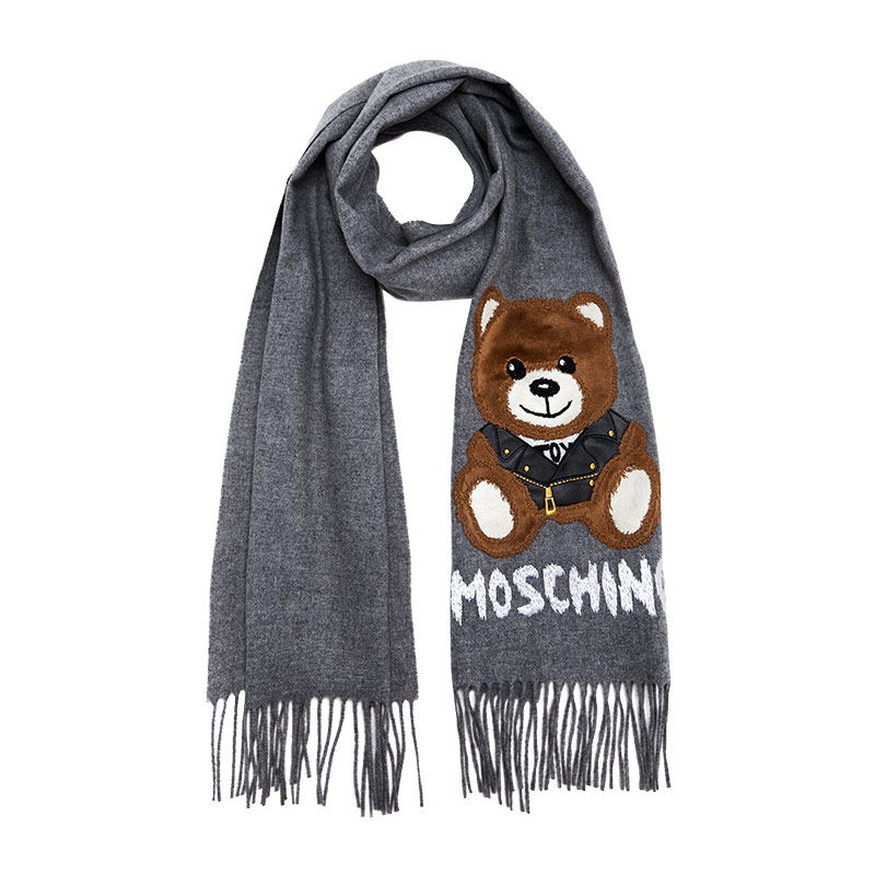 Moschino Embroidered Teddy Bear Scarf Unisex Couple Style Light Gray 30033M2781 014