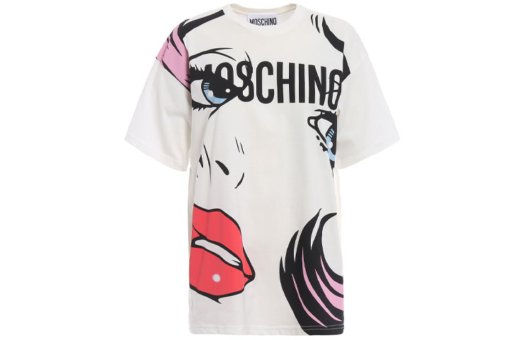 MOSCHINO Face Print Loose Fit Unisex White T-Shirt 3XA0778-9140-3002