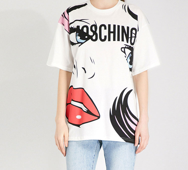 Lookbook MOSCHINO 臉部圖案寬鬆男女白色T恤 3XA0778-9140-3002