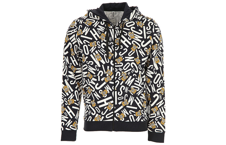 MOSCHINO Full Print Bear Logo Zip Hoodie Jacket Black Edition A1713-8105-1555