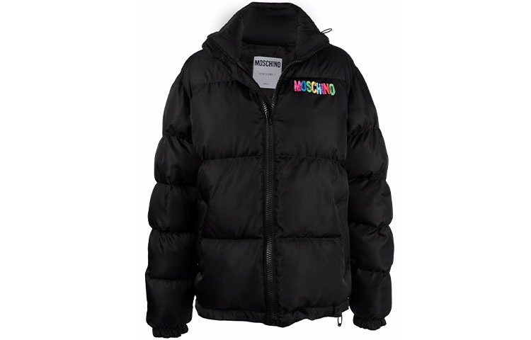 MOSCHINO FW21 Logo Print Quilted High Collar Jacket Black A0625-5215-1555