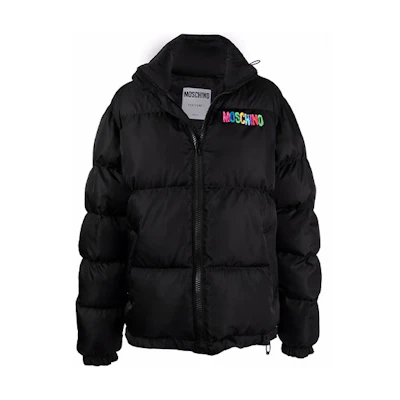 MOSCHINO FW21 Logo Print Quilted High Collar Jacket Black A0625-5215-1555