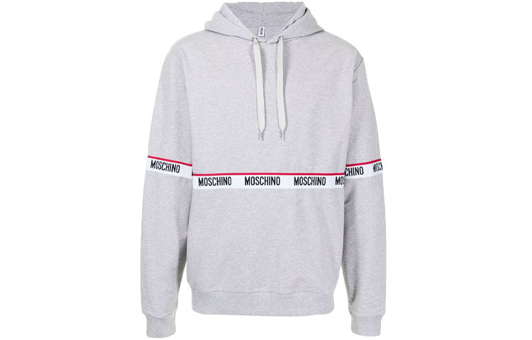 MOSCHINO FW21 Logo Stripe Print Drawstring Hoodie Men’s Grey A1712-8104-0489