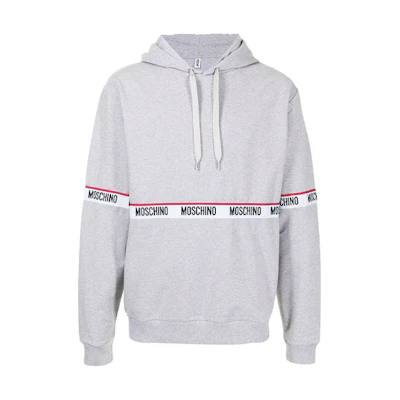 MOSCHINO FW21 Logo Stripe Print Drawstring Hoodie Men’s Grey A1712-8104-0489