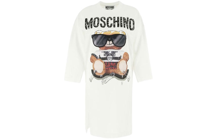 MOSCHINO FW21 White Logo Teddy Bear Print Embroidered Cotton Long Sleeve Dress 04545-540V-3001