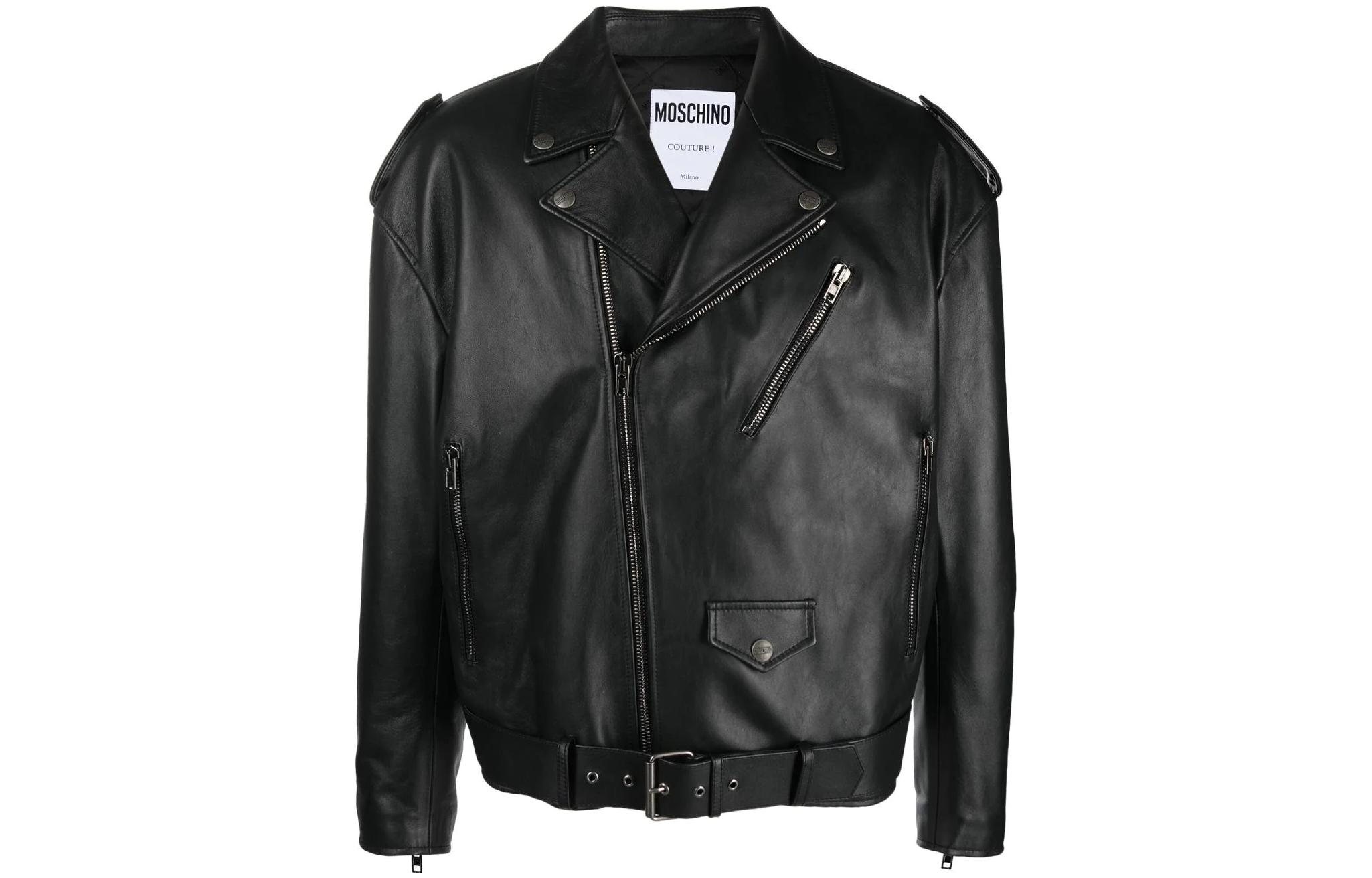 MOSCHINO FW22  Black Leather Jacket with Letter Print and Zipper Pockets. J3704-7070-1555