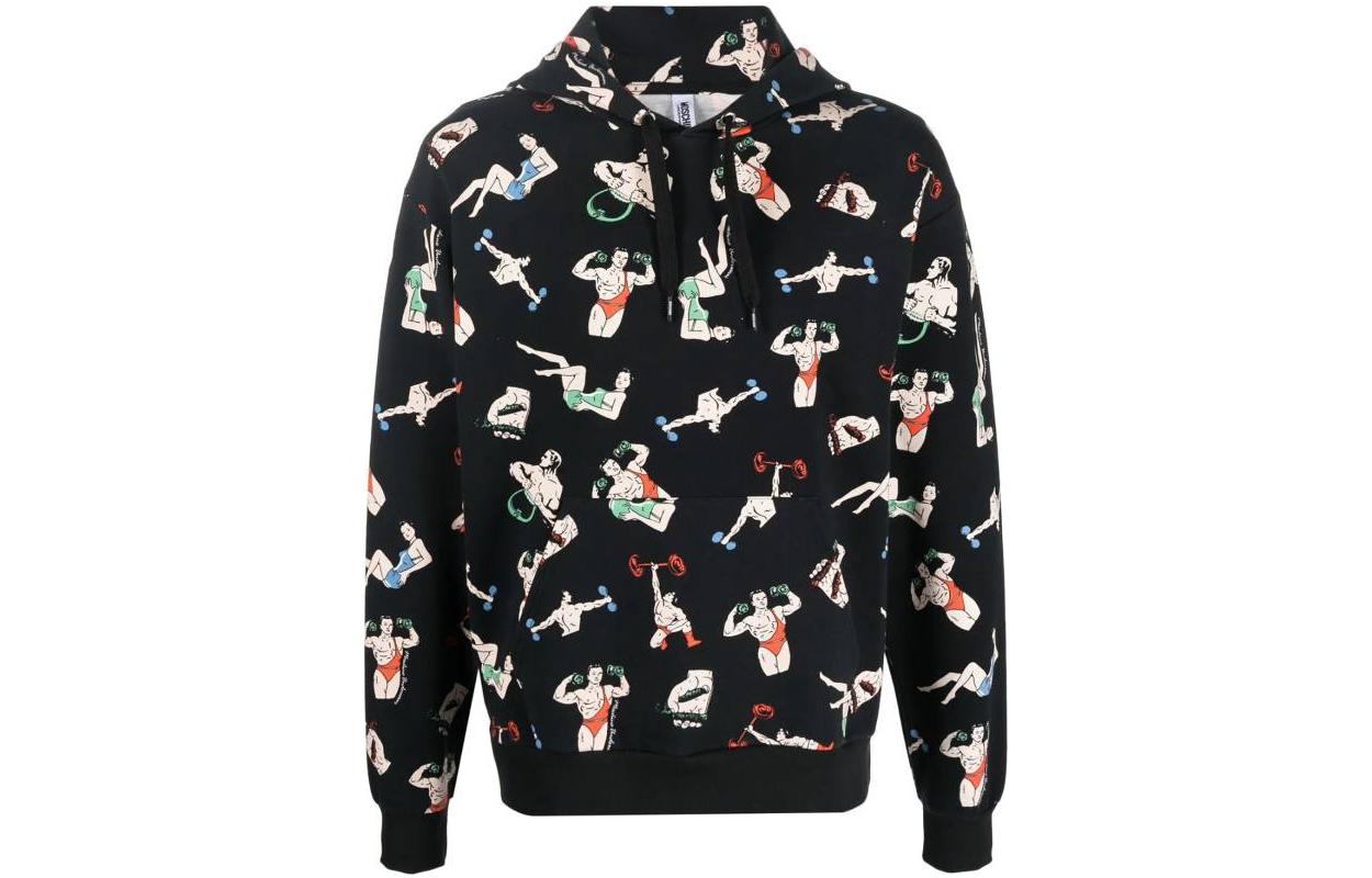 MOSCHINO FW22 All-Over Print Hoodie Black Long Sleeve Pullover A1713-8114-1555