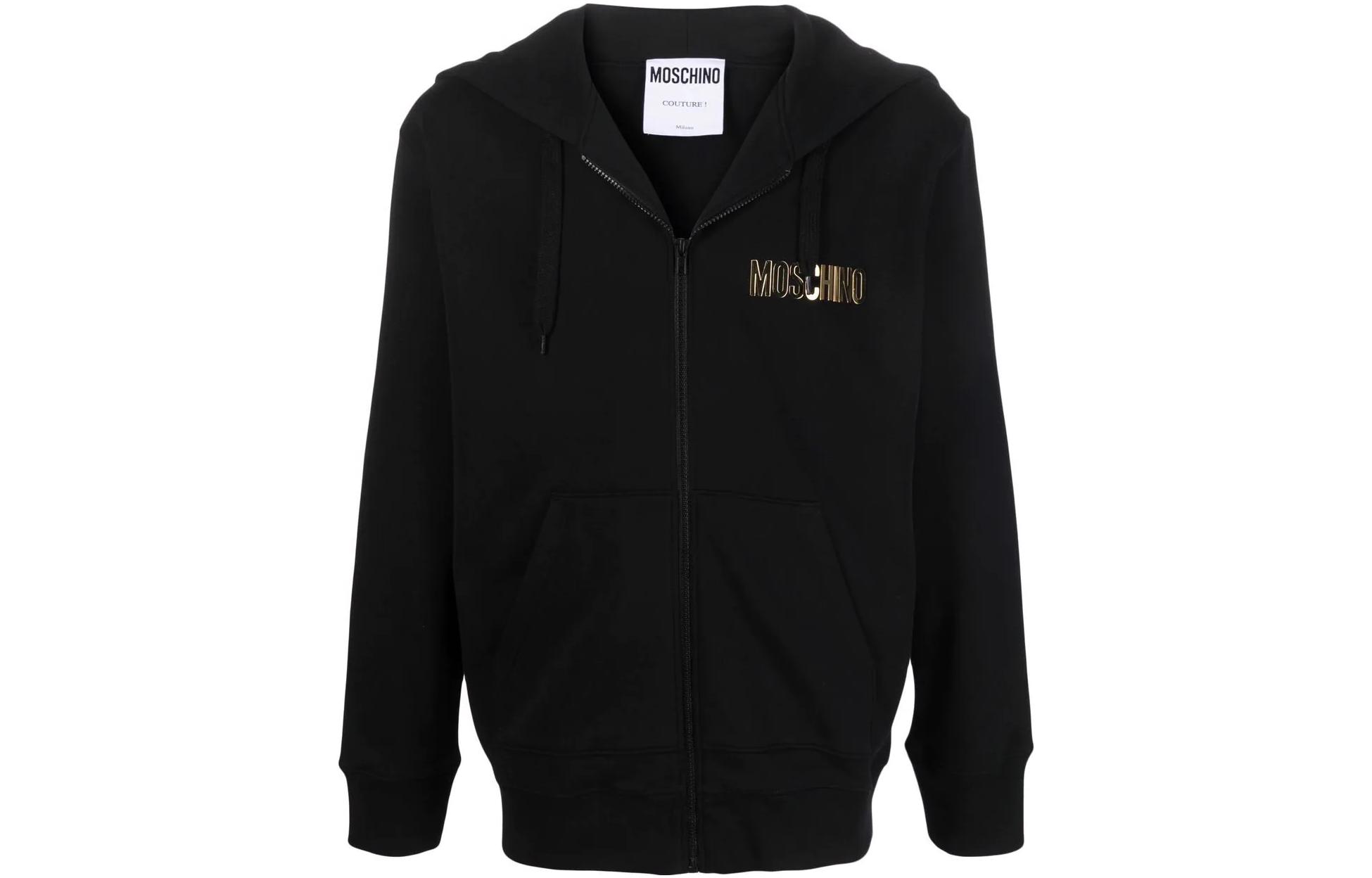 MOSCHINO FW22 Black Hoodie Jacket with Gold Logo Zipper and Drawstring for Men J17190-2280-555