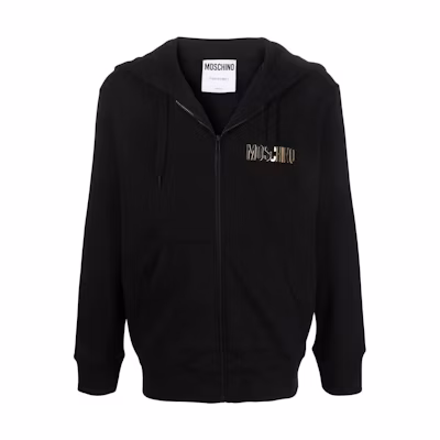 MOSCHINO FW22 Black Hoodie Jacket with Gold Logo Zipper and Drawstring for Men J17190-2280-555