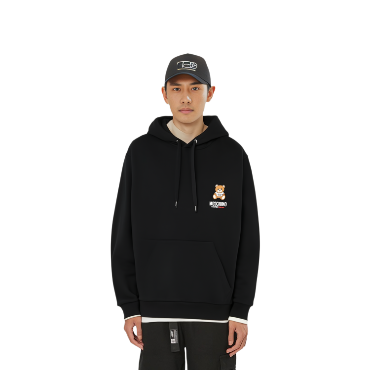 Shop Moschino FW22 Black Iconic Teddy Bear Print Pullover Hoodie A1709-8104-0555