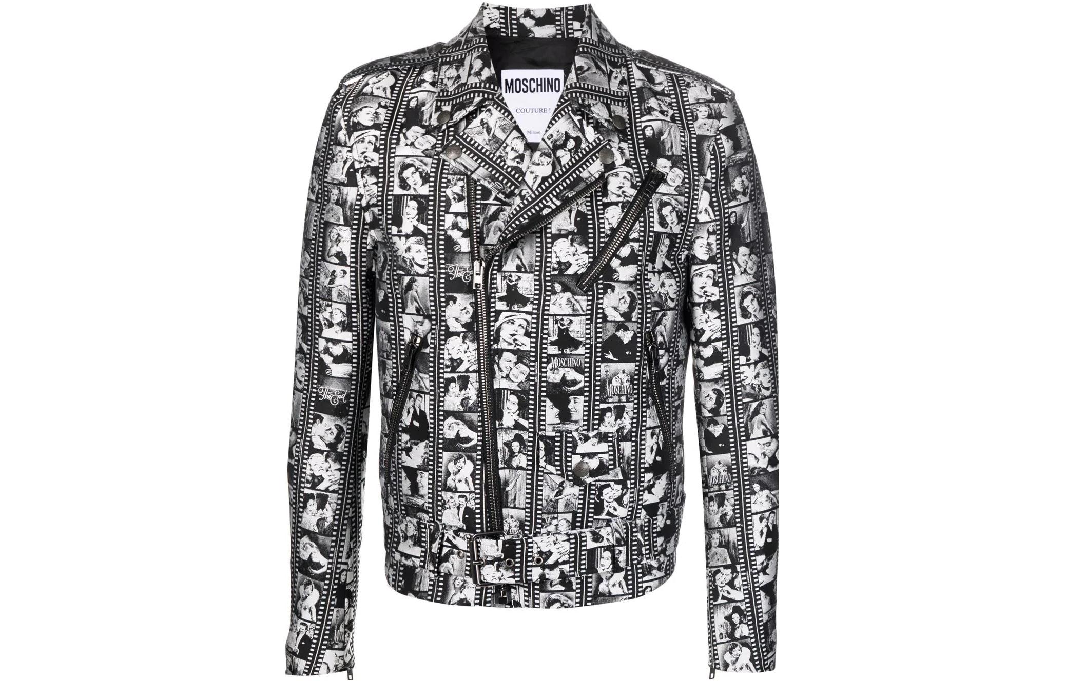MOSCHINO FW22 Film Print Moto Jacket Black A0605-0244-1555