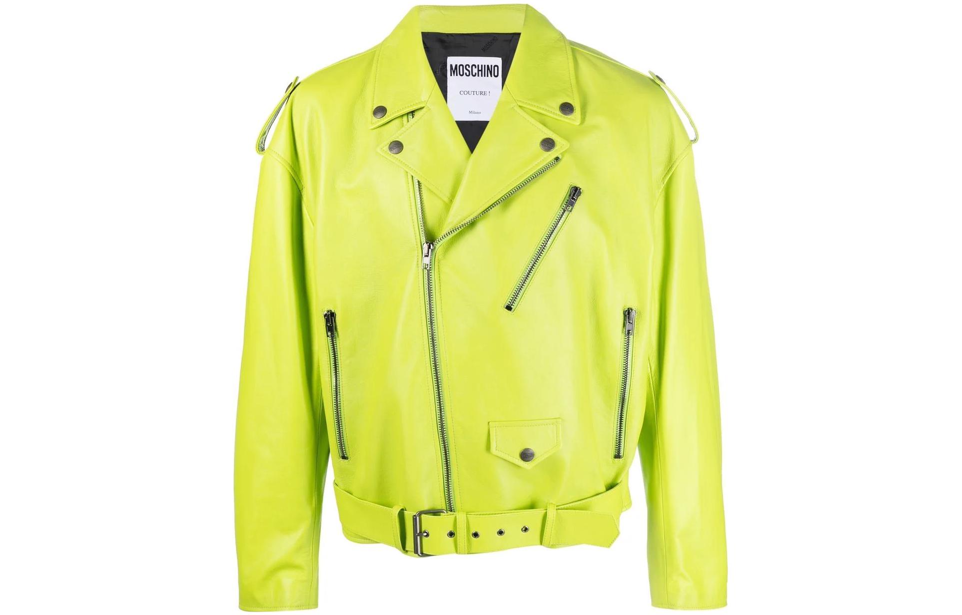 MOSCHINO FW22 Logo Belt Print Biker Jacket Men Neon Green Long Sleeve J3701-2070-1419