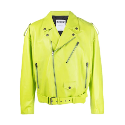 MOSCHINO FW22 Logo Belt Print Biker Jacket Men Neon Green Long Sleeve J3701-2070-1419