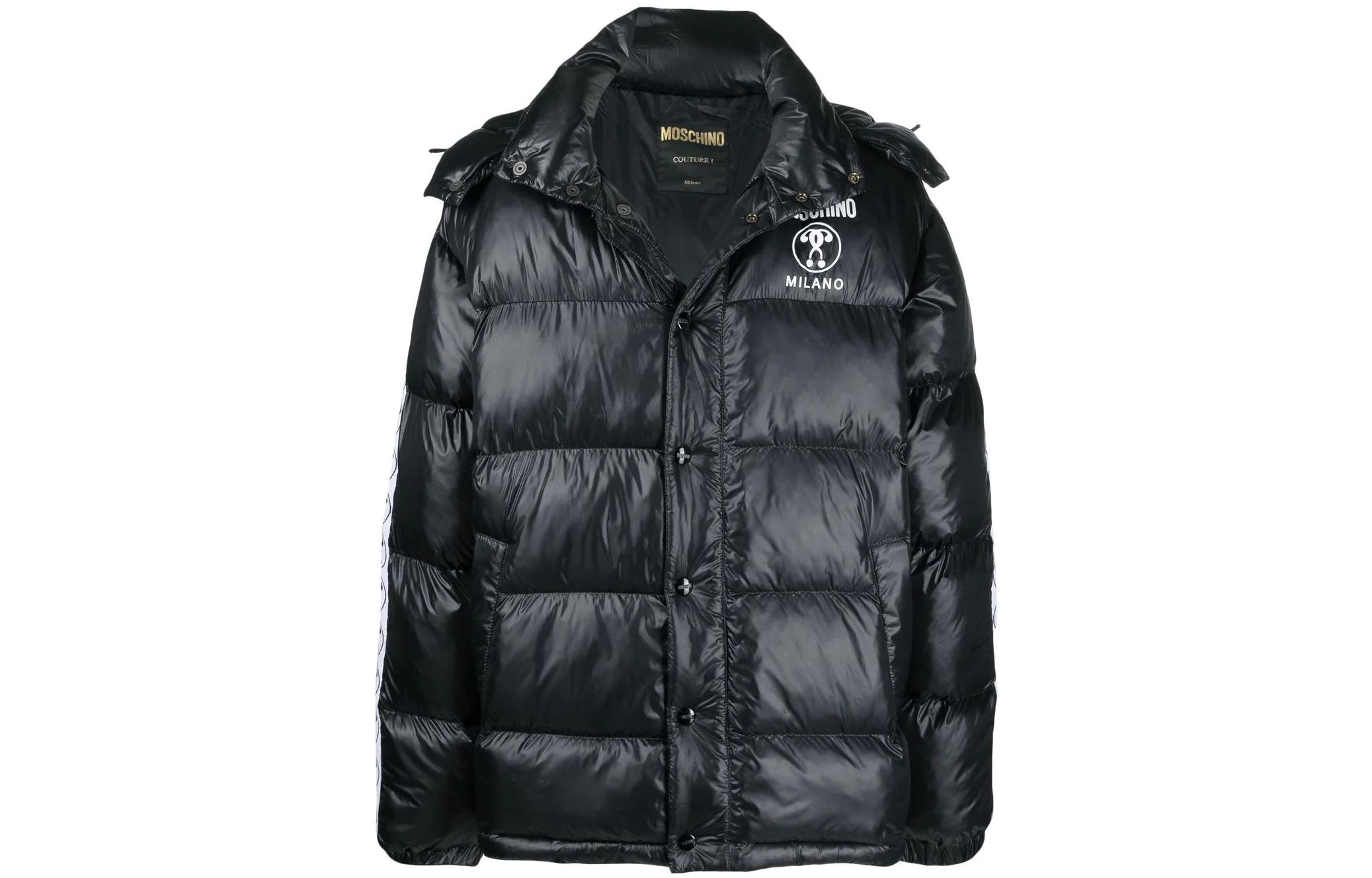 MOSCHINO FW22 Logo Double Question Mark Printed Puffer Hoodie Jacket Black Men. A0634-7017-1555