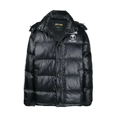 MOSCHINO FW22 Logo Double Question Mark Printed Puffer Hoodie Jacket Black Men. A0634-7017-1555