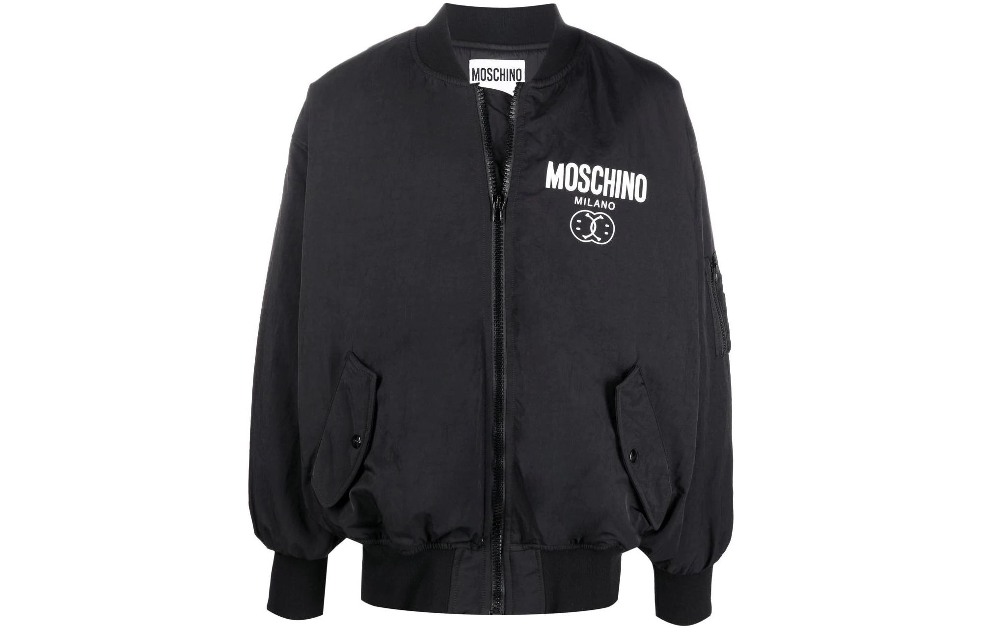 MOSCHINO FW22 Smiley Face Logo Print Black Bomber Jacket J0615-7015-1555