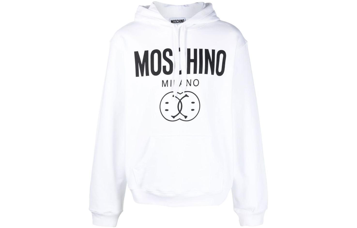 MOSCHINO FW22 Smiley Logo Print Drawstring Hoodie White Sweatshirt J1710-7028-1001