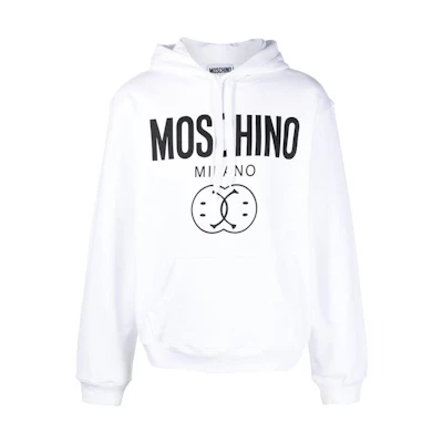 MOSCHINO FW22 Smiley Logo Print Drawstring Hoodie White Sweatshirt J1710-7028-1001