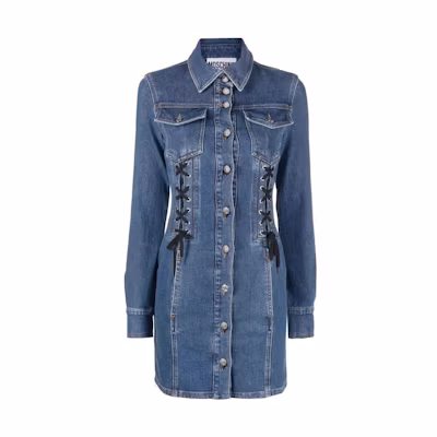 MOSCHINO FW22 Solid Denim Long-Sleeve Shirt Dress with Collar Blue A0459-5522-0290