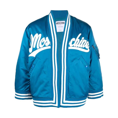 MOSCHINO FW22 V-Neck Logo Patch Striped Trim Jacket Blue A0626-7016-1298