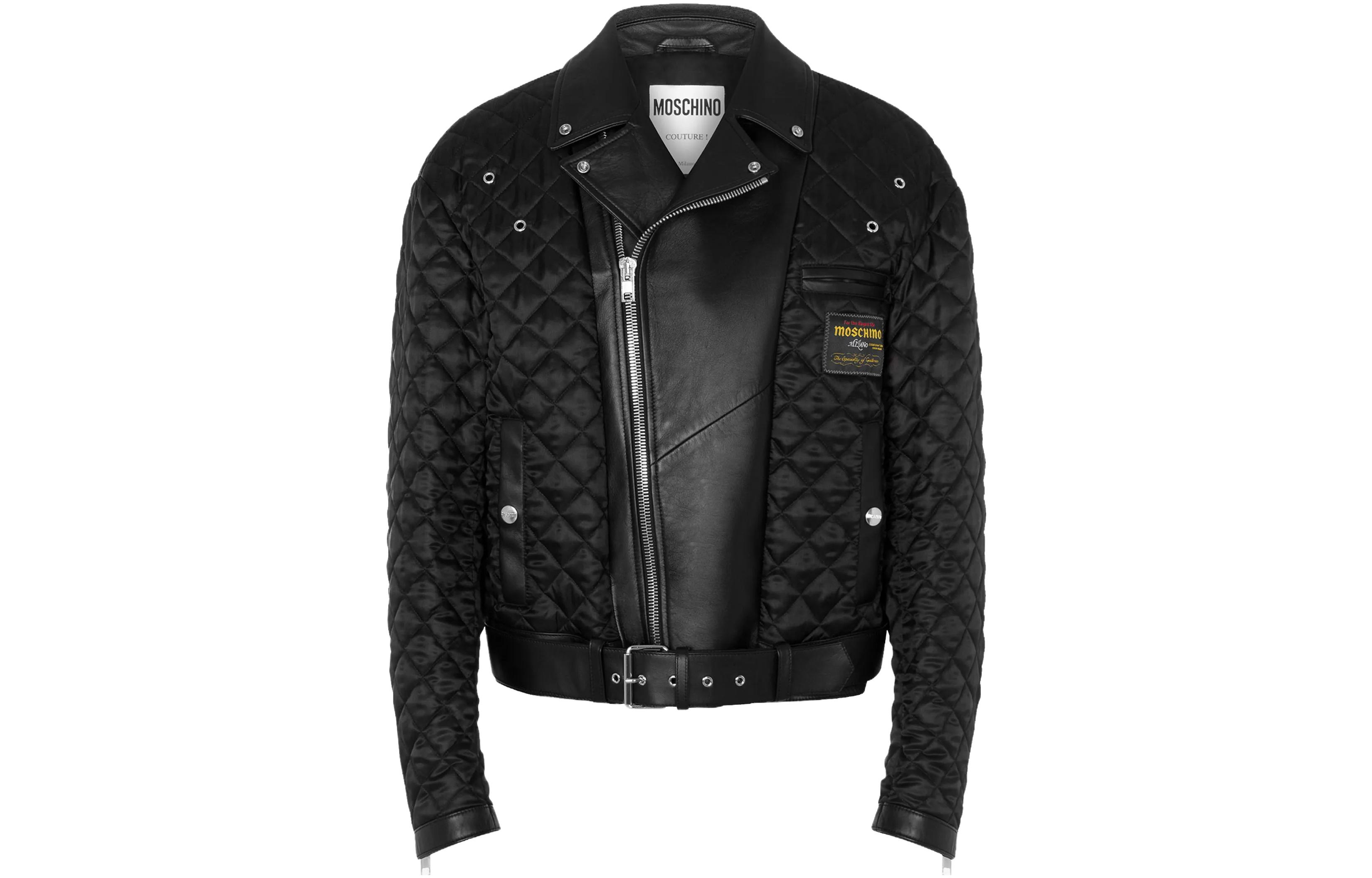 MOSCHINO FW23 Patch Zip Pocket Biker Jacket Black A3704-5270-1555