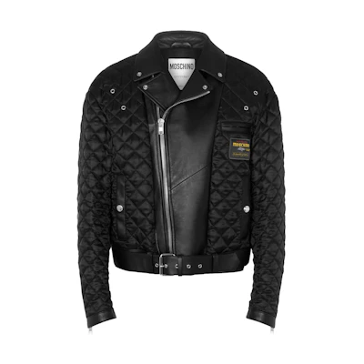MOSCHINO FW23 Patch Zip Pocket Biker Jacket Black A3704-5270-1555