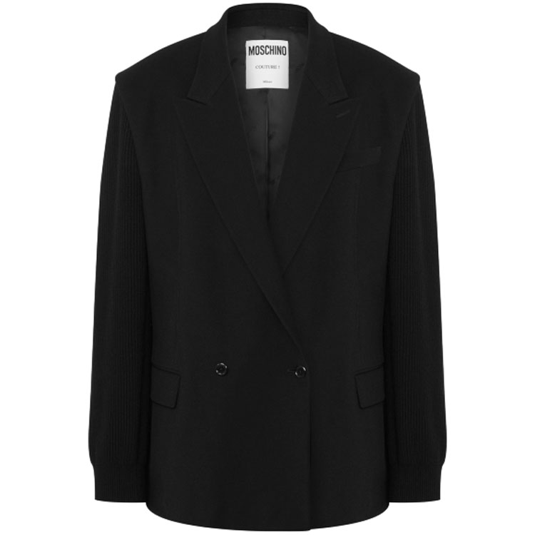 MOSCHINO Gray Double-Breasted Knit Sleeve Jacket Blazer J05137014-BLACK