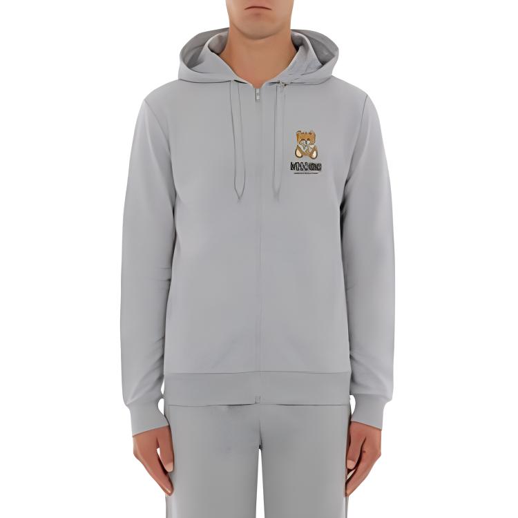 MOSCHINO Grey Zipper Hoodie with Lettering and Teddy Bear Print V1787-4409-0332