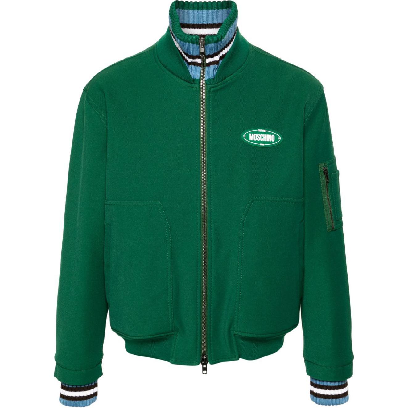 MOSCHINO Logo Patch Bomber Jacket Forest Green with Striped Trim J06117014-GREEN