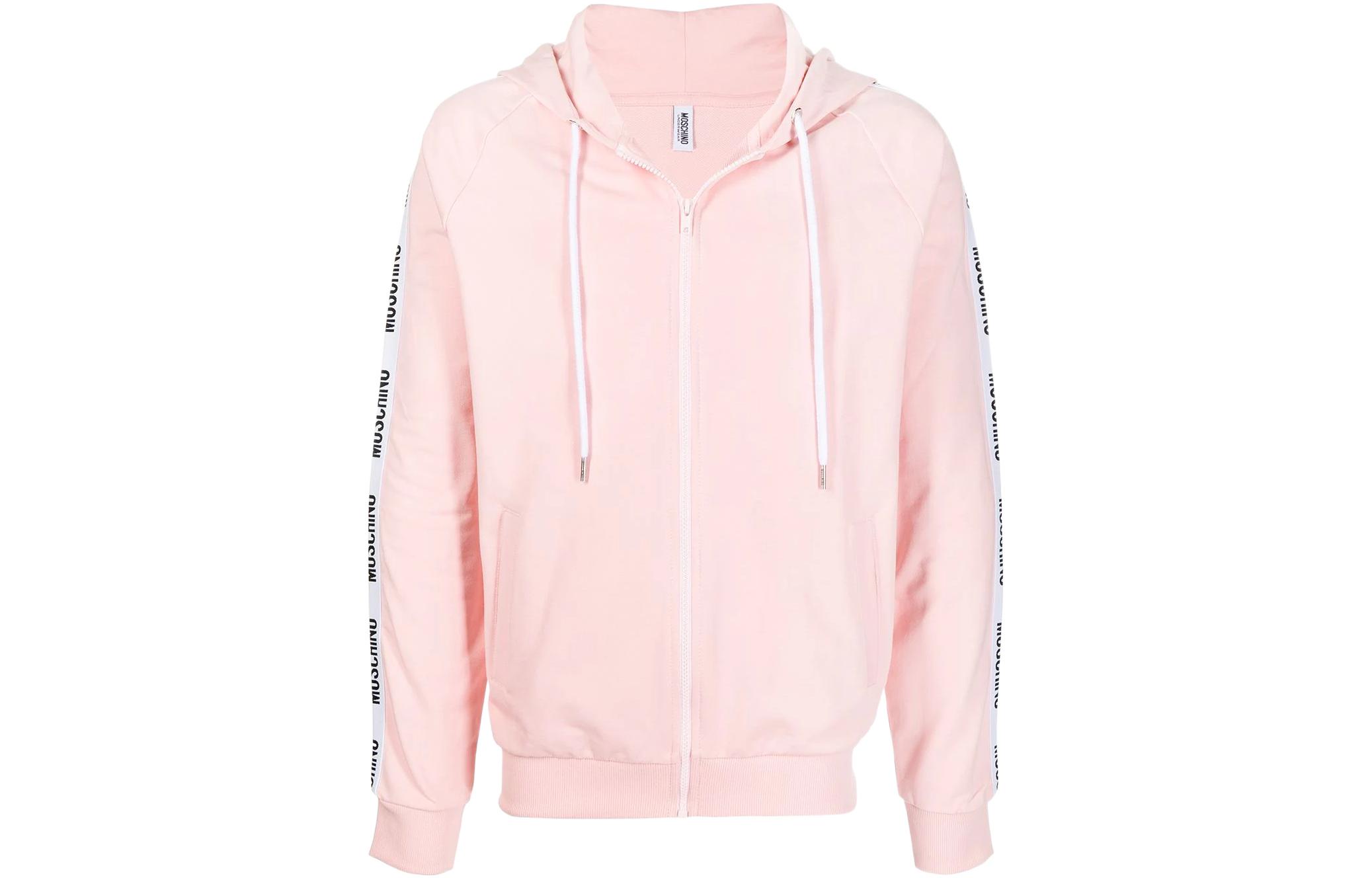 MOSCHINO Pink Logo Tape Zip-Up Hoodie with Drawstring A1707-8102-0227