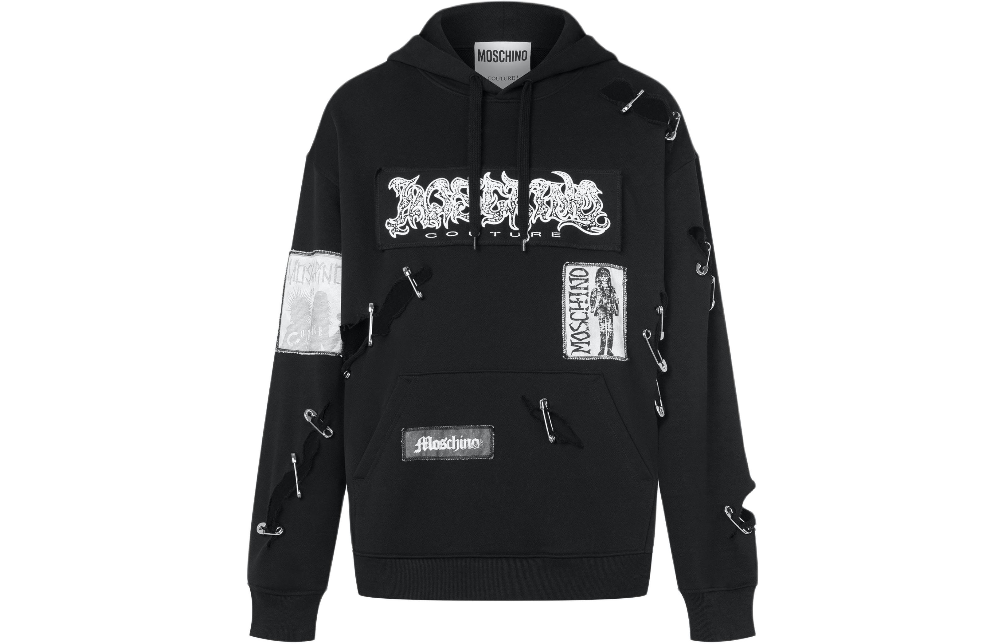 MOSCHINO Safety Pins Organic Cotton Hoodie Black Graphic Sweatshirt A1741-7028-1555