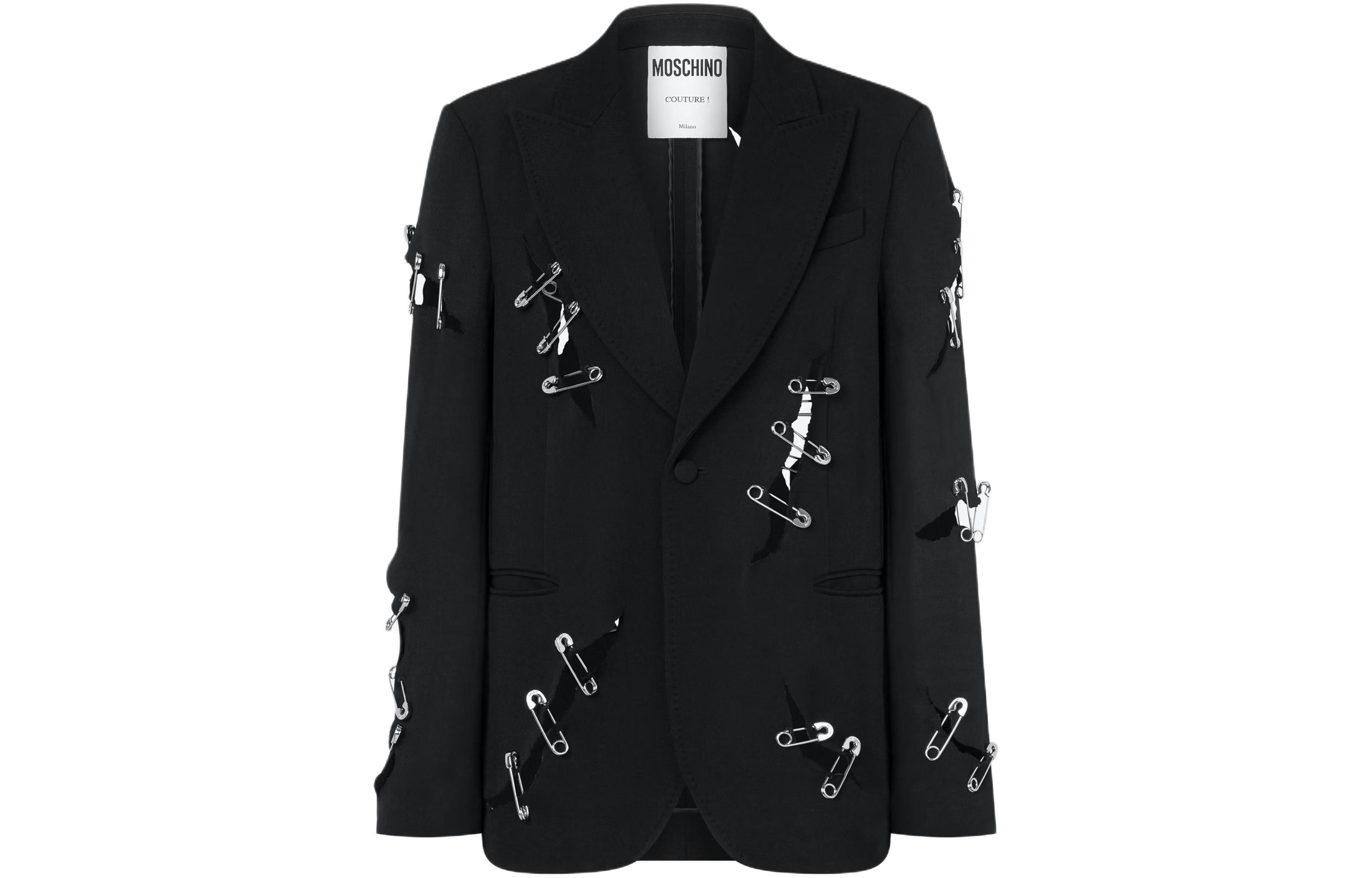 MOSCHINO Safety Pins Wool Jacket Black Stylish Long Sleeve Coat A0514-7034-1555