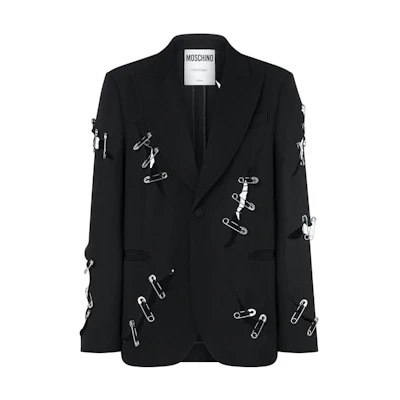 MOSCHINO Safety Pins Wool Jacket Black Stylish Long Sleeve Coat A0514-7034-1555