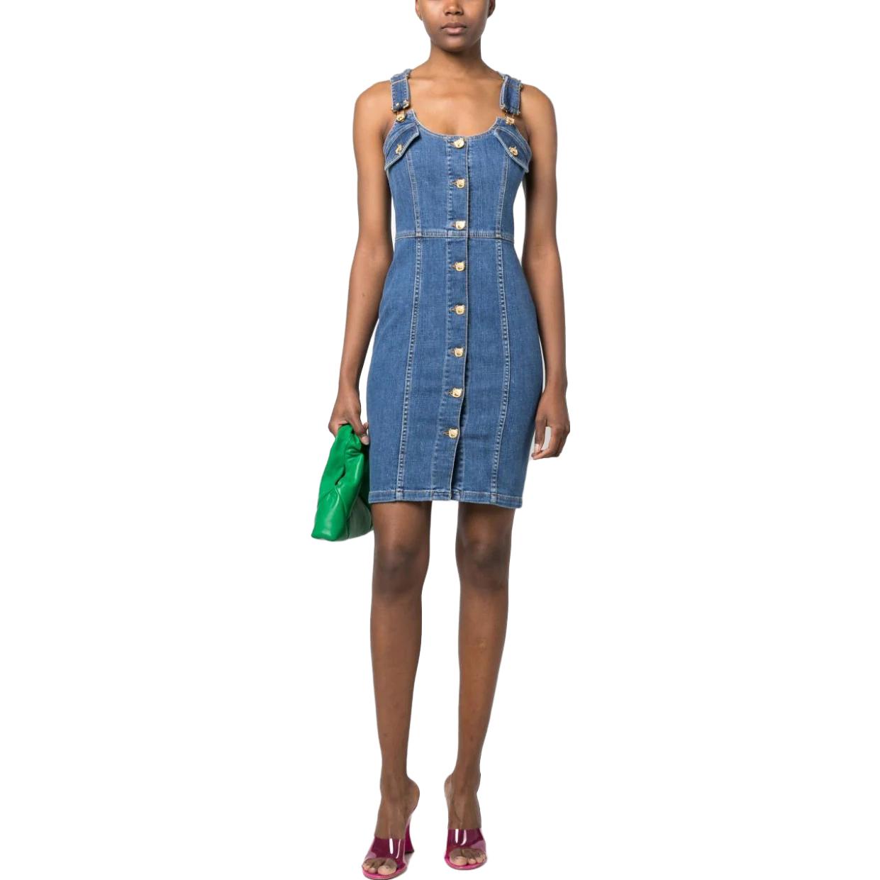Lookbook 모스키노 슬림핏 민소매 버튼 장식 미니 드레스 블루. A0439-0522-0295