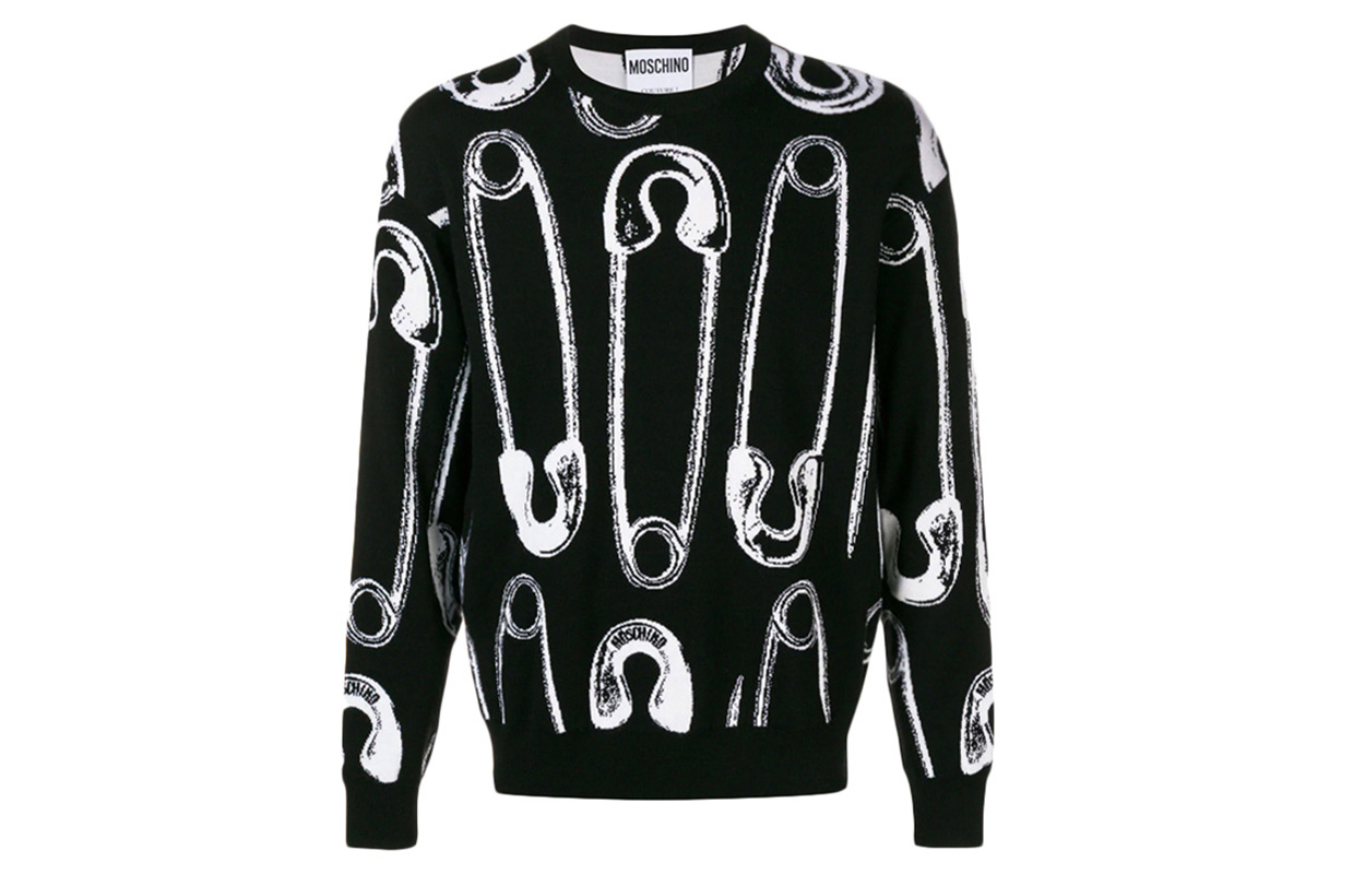 MOSCHINO SS21 Paperclip Pattern Wool Crewneck Sweatshirt Black Mens 0927-5200-4555