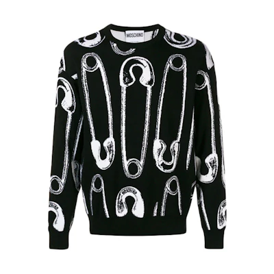 MOSCHINO SS21 Paperclip Pattern Wool Crewneck Sweatshirt Black Mens 0927-5200-4555