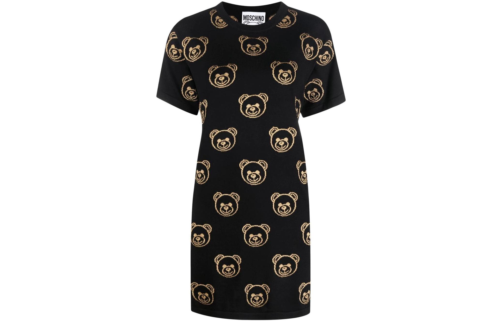 MOSCHINO SS22 Allover Teddy Print Crewneck Short Sleeve Dress Black. V0495-5401-1555