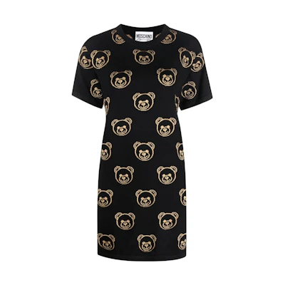 MOSCHINO SS22 Allover Teddy Print Crewneck Short Sleeve Dress Black. V0495-5401-1555