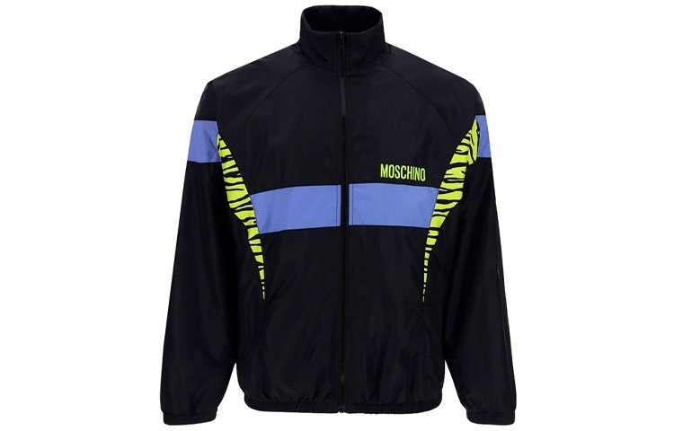 MOSCHINO SS22 Black Logo Print Zip-Up Long Sleeve Jacket for Men 06202016-A3555