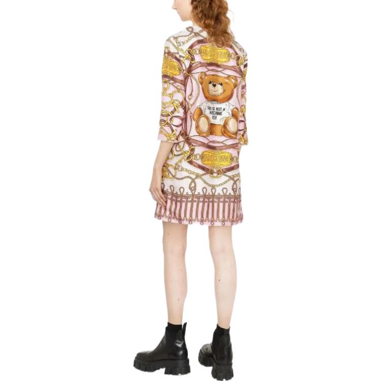 Shop 모스키노 SS22 카툰 베어 프린트 3/4 소매 미디 드레스 멀티컬러. A0470-5653-1221