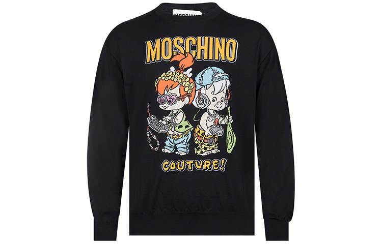 Moschino SS22 Cartoon Letter Graphic Loose Knit Pullover Sweater Black Men. B0990-6000-1555