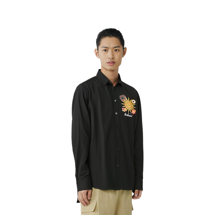 Shop MOSCHINO SS22 男士太陽印花黑色長袖襯衫 J0212-2035-1555